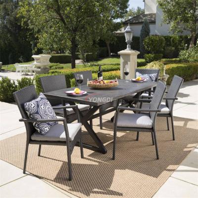 China Garden 6 Deck Modern Outdoor Banquet Seats Modern Outdoor Banquet Wicker Rattan Dining Table Chairs Set for sale