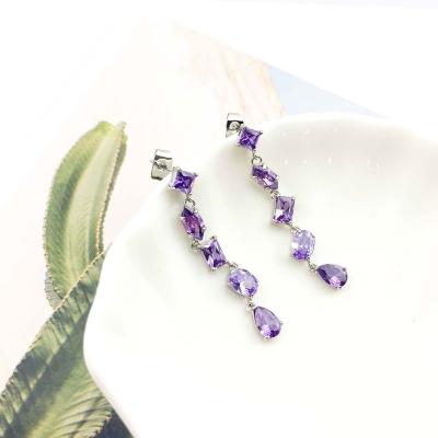 China New Design Zircon Amethyst Jewelry Stainless Steel Long Drop Earring FASHIONABLE Female Crystal Earrings for sale