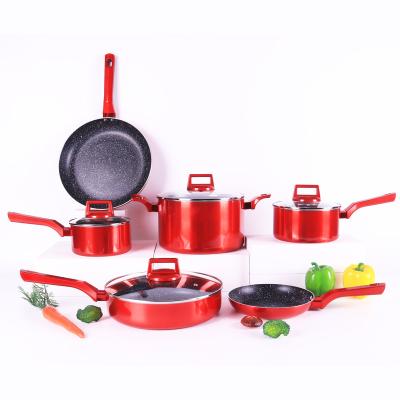 China Sustainably Selling High Quality Pressed Marble Non-stick Cookware Pan Top Saucepan Sets With Induction Base for sale