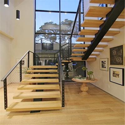 China Contemporary Modern Side Stringer Timber U-Channel Center Beam Plate Beam Stair Case Floating Staircase for sale