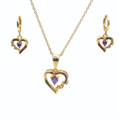 China Platedd FASHIONABLE Wholesale Colorful Heart 18K Gold Zircon Necklace Earrings Pendant Jewelry Set For Women for sale