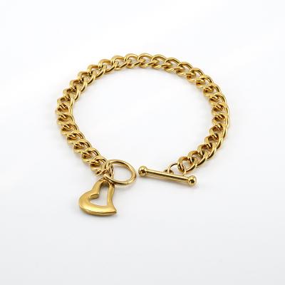 China CLASSIC High Quality 18K Gold Fashion HIPHOP Titanium Steel Heart Shape OT Buckle Cuban Chain Stainless Steel Bracelet Pendant Necklace for sale