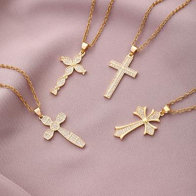 China Fashion 18K Gold Stainless Steel Cubic Zicon Jesus Cross Pendant Necklace For Women for sale