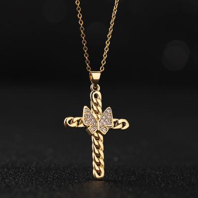 China CLASSIC Luxury Fancy Cross Necklace Women Gold Jewelry Inlay Cubic Zirconia Cross Pendant Necklace for sale