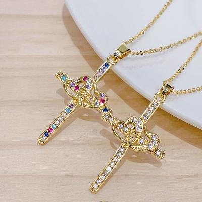 China CLASSIC Amazing CZ Micro Pave Cross Necklace Heart Shape Charm Necklace Religion Necklace Men Women Men Jewelry for sale