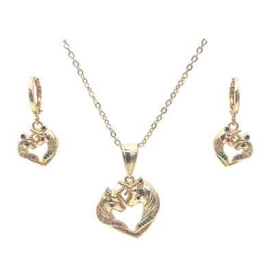 China Wholesale FASHIONABLE Luxury Dubai Gold Platedd Horse Shape Zircon Party Necklace Earring Pendant Set For Women for sale