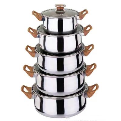 China Sustainable Stainless Steel Kitchen Pots And Pan Set Cooking Pot Set 10pcs Cookware Set With Wooden Handle for sale