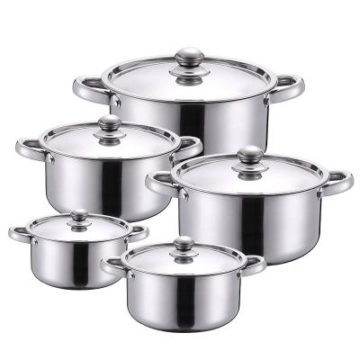 China Sustainable low price thicker stainless steel cookware 5pcs set kitchen cooking pot set with steel lid for sale