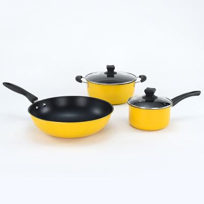 China Sustainable low price 5pcs yellow iron cookware set kitchen use non stick cook pot set for sale