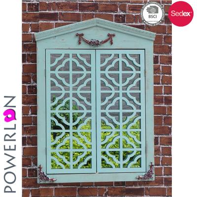 China Hand Painted Shabby Green Outdoor Wooden Shutter Mirror With Window for sale