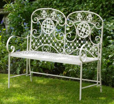 China Traditional Antique White Elegant Price Unique Design Wrought Iron Patio Bench for sale