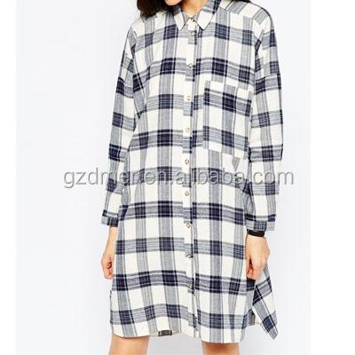 China Breathable Long Sleeves Oversized Causal Checked Shirt Dress in Cotton for sale