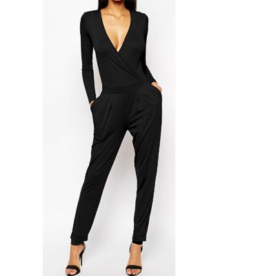 China High Fashion Anti Pilling Long Sleeves Wrap Front Deep V Neck Rayon Jumpsuit Women for sale