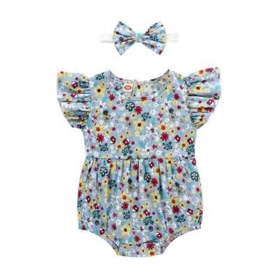 China Sunny Baby Girls Floral Printing Spandex/Cotton Climbing Suit + Turban Baby Rompers for sale