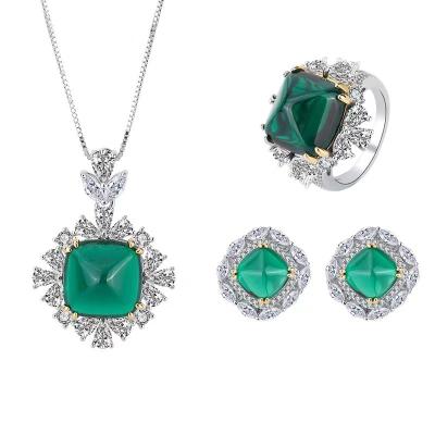 China Environmental Friendly Lead Free Luxury Silver 925 Full Diamond Emerald Pond Tower Necklace Ring Earrings Women Jewelry Set for sale