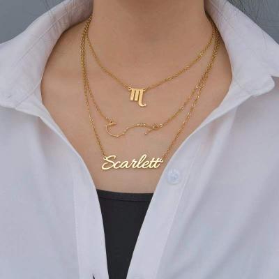 China Diy Stainless Steel Environmental Friendly Lead Free Monogram Stacked Hip Hop Triple Women's Name Constellation Lettering Custom Necklace for sale