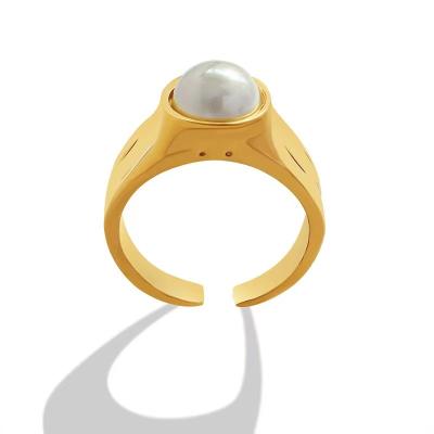 China Vintage TRENDY European and American Pearl Plated 18K Gold Aperture Ladies Ring Stainless Steel Jewelry for sale