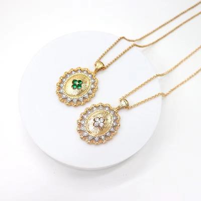 China Environmentally Friendly Lead-free Fashion Retro Emerald Inlaid Oval Gold Plated Hollow Woman's Gift Fine Necklace Jewelry for sale