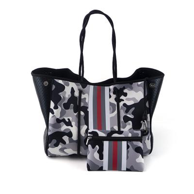 China Other 2021 Stripe Design Neoprene Luxury Fashion Customized Beach Handbag Neoprene Wholesale Hot Selling Waterproof Beach Tote Bag for sale