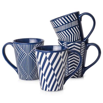 China Sustainable Coffee Mugs Set Porcelain Tall Coffee Mugs Set With Textured Geometric Patterns For Coffee for sale