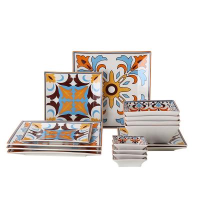 China Colorful Viable Square Pattern Festive Phnom Penh Matte Steak Dessert Plate Tableware Ceramic Electroplating Set for sale