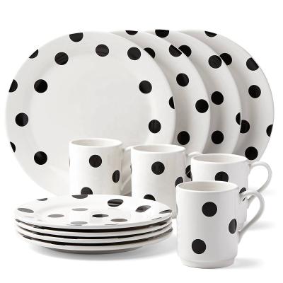 China Viable Handmade White And Black Polka Dot Deco Dot Ceramic 12 Piece Dinnerware Sets Fine Bone China Dinner Set For for sale