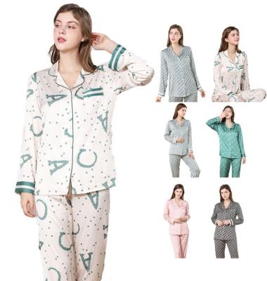 China Hot Sale QUICK DRY Luxury Ice Silk Pajamas Women Polyester Pijamas Print Painted Posie Women's Lounge Wear for sale