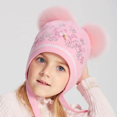 China COMMON Custom Made Winter Girl Kids Knitted Hats With Double Natural Fur Pompom Cat Pattern Pearl Ear Flap Cute Beanie For Child Wholesale for sale