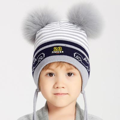 China Factory COMMON Toddler Kids Boys Knitted Hat With Double Pompom Warm Fleece Baby Boy Winter Striping Beanie Outdoor Ski Hat Wholesale for sale