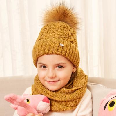 China Wholesale Medium Kids Winter Knitted Hats And Scarf Set With Warm Striped Girls Beanie Scarves Custom Boys Natural Fur Pompom Doubles for sale