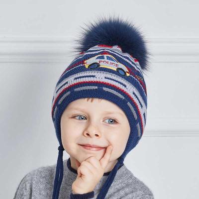 China Natural Picture Fur Pom Pom Winter Kids Knitted Beanie Boy Hats Fleece Liner Kids Ear Hat Wholesale Custom Cute Cartoon Pattern for sale