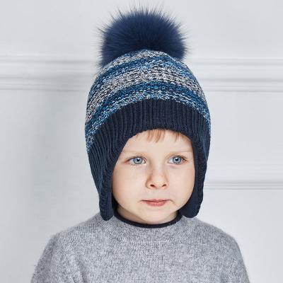 China Wholesale Two Styles Kids Winter Beanie Natural Fur Pompom Mixed Color Boys Ear Flap Wool Knitted Hats Poms Winter Warm Kids Double Layer Ski Hat for sale