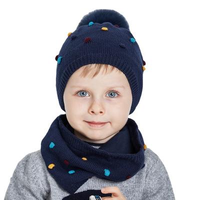 China Medium Factory Wholesale Boys Kids Winter Knitted Hat And Scarf Set With Real Fur Pompom Toddler Warm Liner Cute Beanies With Scarves for sale