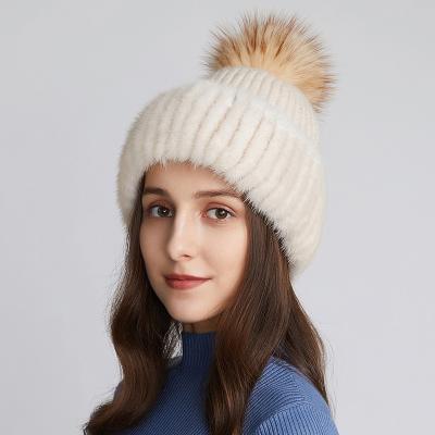 China COMMON New Design Winter Reai Mink Fur Cuff Hats For Women Wool Knit Beanie Genuine Fur Pompom Hat Cold Winter Ski Hat for sale