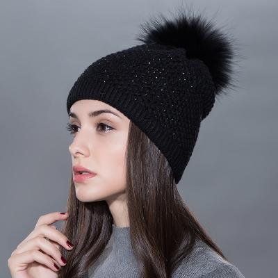 China COMMON Custom Winter Fur Bobble Hats For Women Wool Knitted Beanie Double Layer Warm Bobble Hats Wholesale for sale