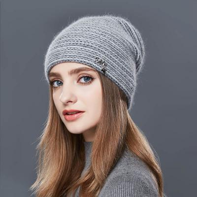 China JOINT Factory Wholesale Winter Women Angola Wool Knitted Hats Double Layer Warm Soft Beanie for sale