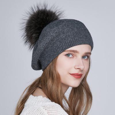 China Factory Wholesale Plush Wool Knit Beret Hats For Women Winter Angola French Beanie With Natural Fur Pompom Custom for sale