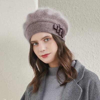 China warm hat & stylish hat & Classic Soft Hat Angola Wool Berets For Women Winter Knitted Beret Hats With Bowknot Double Layer Warm Wool French Hats for sale