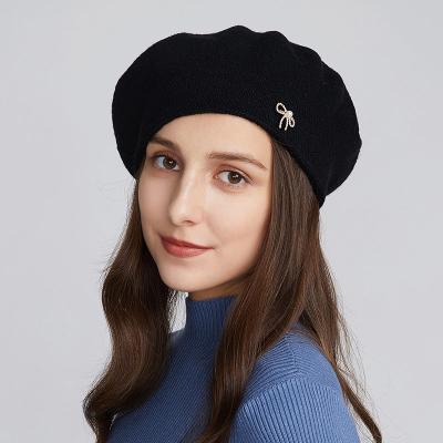 China Winter women striped wool knit beret hats with decoration double style classic french berets for layer warm cashmere hats wholesale for sale