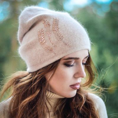 China Factory COMMON women's wool knit hats for winter fashion leaves pattern warm hat cashmere wool lining hat wholesale custom for sale