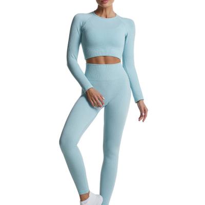 China Breathable Women Plain Color 2 Piece Yoga Wear Seamless Breathable Gym Yoga Sports Fitness Set for sale