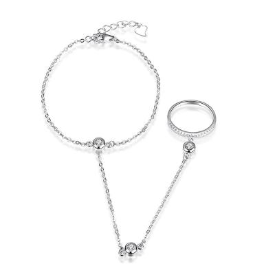 China FASHIONABLE 925 Sterling Silver CZ unique ring with chain bracelets set two in one jewelry for women for sale