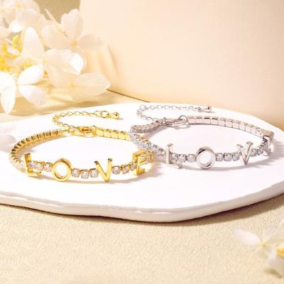 China FASHIONABLE 925 Gold Plated Zircon 18K Sterling Silver Letter Love Tennis Adjustable Bracelets For Valentine's Day for sale