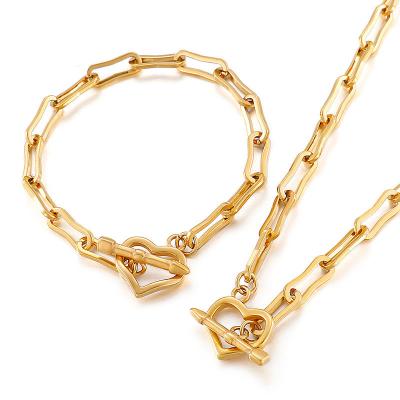 China FASHIONABLE Minimalist Gold Plated OT Gold Plated Paper Clip Chain Bracelet Necklace Stainless Steel Heart Loop Jewelry Set for sale