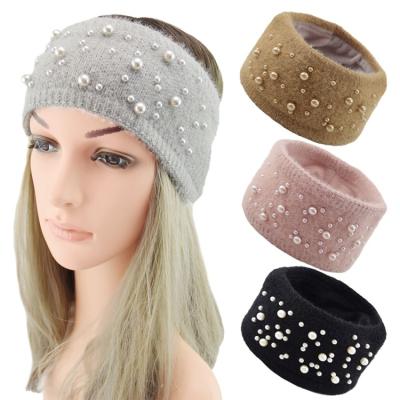 China Fashion Hefu Women Knitted Headband Pearl Headband Turban Winter Elastic Hair Accessories for sale