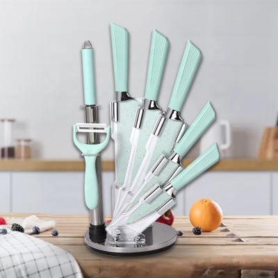 China Mint Green Sustainable Non Stick Coating Knife 8 Pieces Stainless Steel Kitchen Knife Set With Acrylic Holder for sale