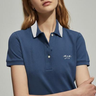 China Sommer-Baumwoll-Damen-Polo-Shirts benutzerdefinierte Farbe Blau-Weiß Stickerei Puff-Druck zu verkaufen