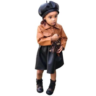 China New Arrivals Washable High Quality Leather Dress Toddler Khaki Top And Pleated Skirts Fashion Girls Kids Boutique Dress for sale