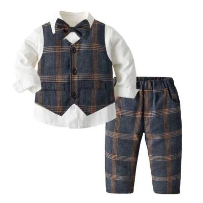 China Autumn Children's Plaid Waistcoat Three-piece preppy style sportswear set for boy shirt kids white pants fall children's suit for sale