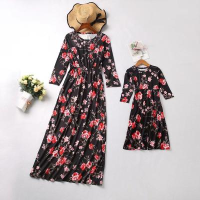 China Breathable Family Matching Outfits Parent-Child Long Sleeve Clothes Women Girl Floral Long Dress for sale